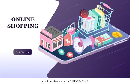 Landing page of 3d isometric online shopping on websites or mobile applications concepts of vector e-commerce and digital marketing. Isometric background illustration for banner online store promotion