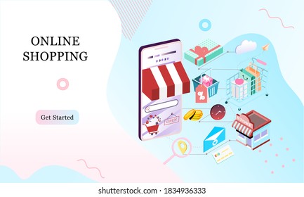 Landing page of 3d isometric online shopping on websites or mobile applications concepts of vector e-commerce and digital marketing. Memphis style illustration for banner online store promotion.
