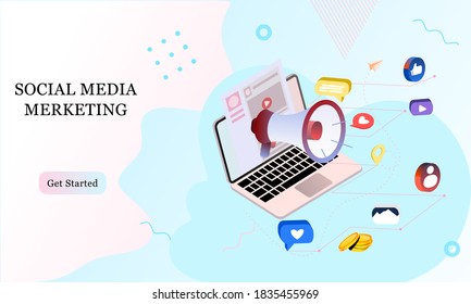 Landing page 3d isometric of social media marketing. Communication in social networks. Image of mobile phone, laptop with chat, likes and money for infographics, banner, website, promotional material.