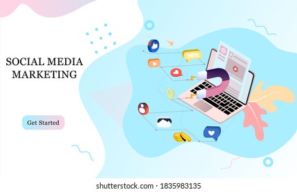 Landing page 3d isometric of social media marketing. Communication in social networks. Image of mobile phone, laptop with chat, likes and money for infographics, banner, website, promotional material.