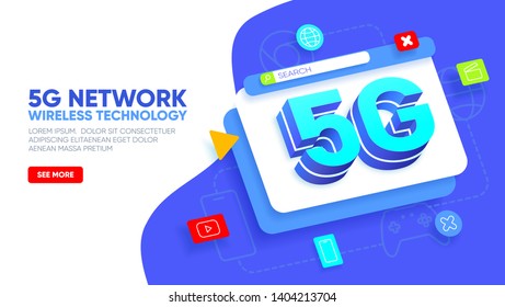 Landing page for 5G network wireless technology. Abstract layered window with big letters 5g and icons around. High-speed mobile Internet. Vector illustration