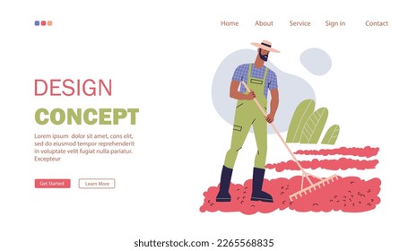 Landing page about coffee cultivation and production. Farmer dries coffee beans. Rakes ripe coffee cherries with a rake. Coffee Farming web page template. Flat style, vector illustration.