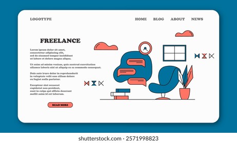 Landing page about freelancing. Freelancers organization concept. Illustration of home workplace. Benefits of remote work, limitations and workflow. Scene of home workplace. Vector business concept.