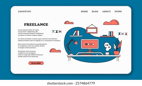 Landing page about freelancing. Scene of home workplace. Freelancers organization concept. Illustration of home workplace. Benefits of remote work, limitations and workflow. Vector business concept.