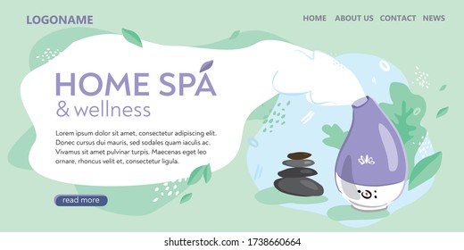 Landing page about home Spa and Wellness. Decorative ultrasonic home diffuser with stones and plants for meditation and relax. Baner about skin hydration, aromatherapy. Cartoon vector illustration.
