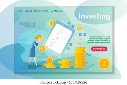 Landing page about investing. A woman with a coin, a tablet, growing plants and money. Business investment landing page. Flat design web-page about financial profit.
