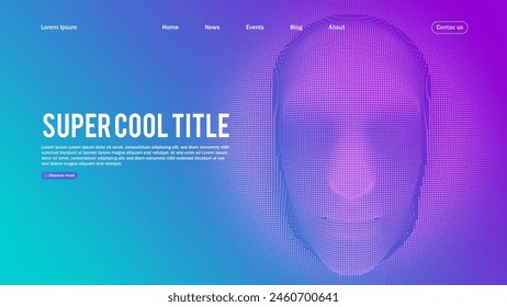 Landing page abstract design with AI face. Template for website or app.