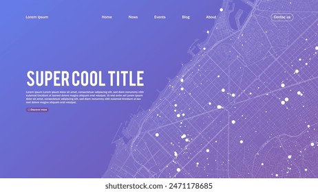 Landing page abstract design with city map big data. Template for website or app.