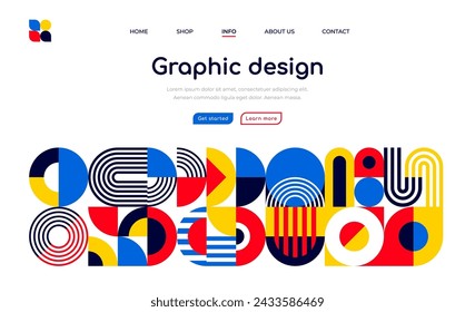 Landing page with abstract geometric pattern border vector template. Modern art graphic shapes website background with color circles, squares and triangles. Minimalist geometric mosaic web banner
