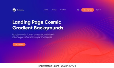 Landing page Abstract wave curve backdrop. Glowing cosmic effect on dark blue background. 