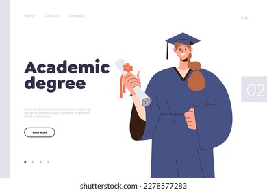 Landing page with academic degree concept and happy graduated student celebrating end of study at university or high school college vector illustration. Online course or remote training for education