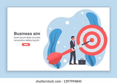 Landing page achievement goal. Businessman directs the arrow to the target. Aim in business concept. Vector illustration flat design. Aspirational people. Mission achieved. Web templete banner.