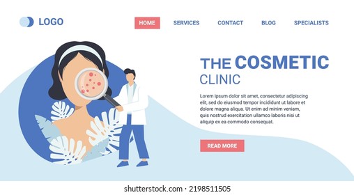 Landing page for acne treatment web page. Cosmetic procedures for the treatment of acne skin. The doctor examines a woman's face through a magnifying glass. Web banner