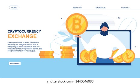 Landing Page Advertise Cryptocurrency Exchanging Application. Man Advisor on PC Monitor Offering Bitcoin to Dollars Exchange Platform. Mobile Software Stock Trading Online. Vector Flat Illustration Landing Page Advertise Cryptocurrency Exchanging Application. Man Advisor on PC Monitor Offering Bitcoin to Dollars Exchange Platform. Mobile Software Stock Trading Online. Vector Flat Illustration