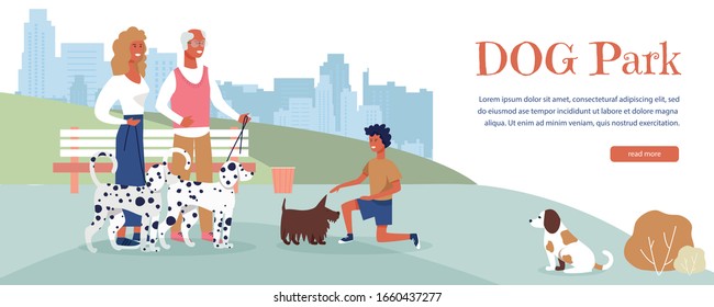 Landing Page Advertise Dog Park for Rest, Training and Walk. Special Place for Domestic Animals and Pets Owners. Family Having Fun with Puppies. Vector Illustration in Flat Cartoon Design