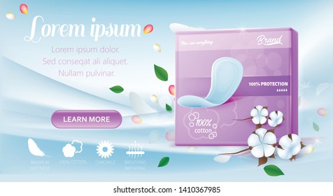 Landing Page Advertise Ultra Soft Pads in Violet Pack. Cotton Hygienic Feminine Product Protect from Menstrual Leakage Gives Fresh and Comfort. Vector Realistic 3d Illustration and Promo Editable Text