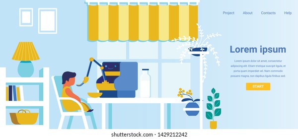 Landing Page Advertises Modern Robotic Babysitter for Mother Help. Programmed Robot Feeding Baby. Dining Room Interior. Artificial Intelligent and High Technology in Human Life. Vector Illustration