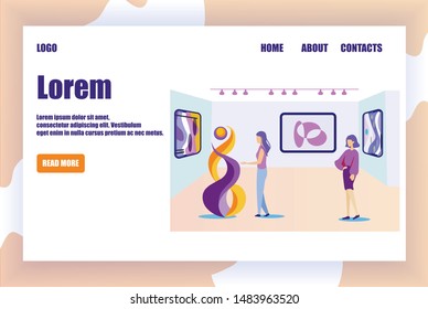 Landing Page Advertising Art Space Gallery, Museum. Invitation to Visit Modern Artwork and Sculpture Exhibition, Excursion Tour, Creative Artistic Presentation Event. Vector Flat Cartoon Illustration