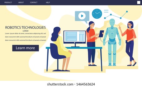 Landing Page Advertising Modern Scientific Laboratory for Robots Production. Female Engineers and Scientists Program and Code Huge Robot Using Robotics Hardware and Software. Vector Flat Illustration