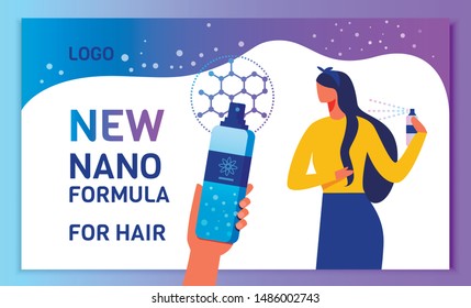 Landing Page Advertising New Dry Shampoo With Nano Formula For Hair Care. Cartoon Woman Customer Character Using Beauty Product. Human Hand Holds Bottle Sample. Vector Flat Illustration
