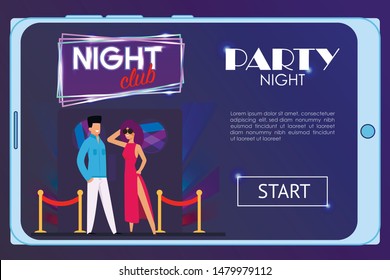 Landing Page for Advertising Night Party in Club. Cartoon Couple Characters Standing at Entrance under Neon Sign. Flat Webpage Mockup on Mobile Screen. Invitation and Presentation. Vector Illustration
