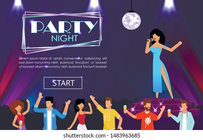 Landing Page Advertising Night Party with Super Star Singer. Beautiful Woman in Elegant Dress Singing Lyric Song in Microphone on Nightclub Stage for Dancing People Visitors. Vector Flat Illustration