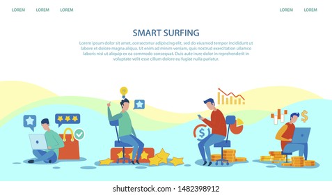 Landing Page Advertising Smart Surfing Technology. Cartoon Man Characters Using Mobile Gadgets and Different Application for Searching, Earning Money, Evaluation, Networking. Vector Flat Illustration