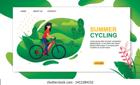 Landing Page Advertising Summer Cycling. Best Offer at Vacation. Cartoon Pretty Young Woman Riding Bicycle in Green Park. Healthy and Active Holidays. Eco Transportation. Vector Flat Illustration