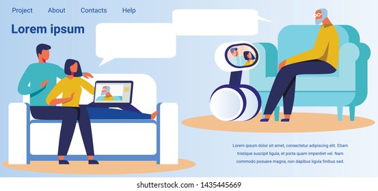 Landing Page Advertising Technologies for Video Communication. Cartoon Flat Happy Family Using Social Media for Making Call to Parent on Laptop. Robotic Assistant Helps Senior Man. Vector Illustration