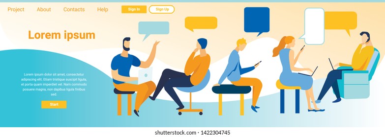 Landing Page Advertising Virtual Reality Communication. People Chatting with Group in Social Media Network via Phone, Digital Tablet and Laptop, Find Love through Dating Apps Vector Illustration