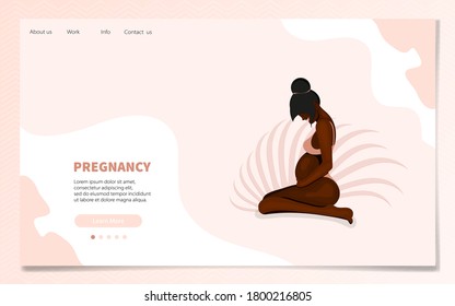 Landing page of African American pregnant girl in lotus position. Vector illustration in flat style.