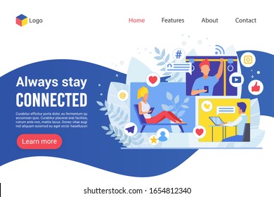 Landing Page Always Stay Connected Creative Website Colorful Vector Illustration Template. Business Correspondence Flat Design Online Web Development. Stay In Touch Using Technology.