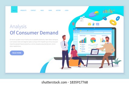 Landing page analysis of customer demand site. Business partners analyze data in office, woman sits on puff, confident man points to laptop. Big cartoon laptop screen with analytic information, icons