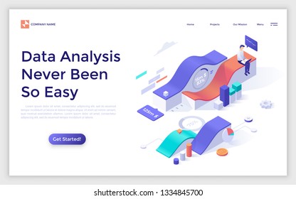 Landing page with analyst sitting on chart, diagram or graph and working on laptop computer. Big data analysis and research, financial forecast service. Isometric vector illustration for advertisement