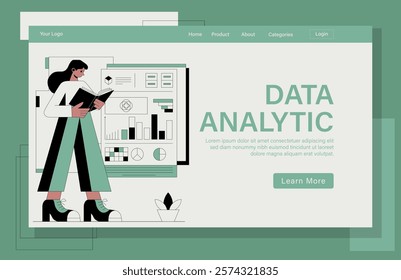 Landing page for analyzing data concept illustration. A woman is holding a book and standing in front of a computer monitor