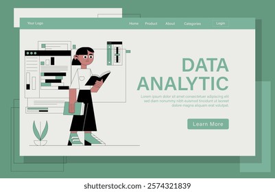 Landing page for analyzing data concept illustration. A woman is holding a book and standing in front of a computer monitor