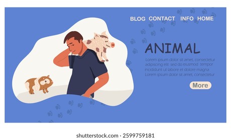 Landing page Animal, pet store advertisement,  pet service flyer, card, veterinary clinic, isolated on background. Hand drawn vector illustration.