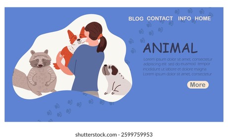 Landing page Animal, pet store advertisement,  pet service flyer, card, veterinary clinic, isolated on background. Hand drawn vector illustration.