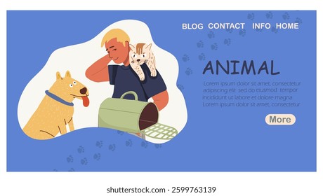 Landing page Animal, pet store advertisement,  pet service flyer, card, veterinary clinic, isolated on background. Hand drawn vector illustration.