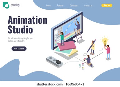 Landing page for animation studio and motion designers. Isometric flat vector illustration for design of an app, homepage website, banner. Animators concept easy to customize