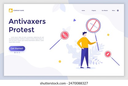 Landing page with anti-vaxxer or protester holding sign with crossed syringe. Concept of opposition to vaccines, anti-vaccination or anti-vax movement. Modern flat colorful vector illustration.