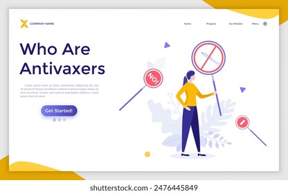 Landing page with anti-vaxxer or protester holding sign with crossed syringe. Concept of opposition to vaccines, anti-vaccination or anti-vax movement. Modern flat colorful vector illustration.