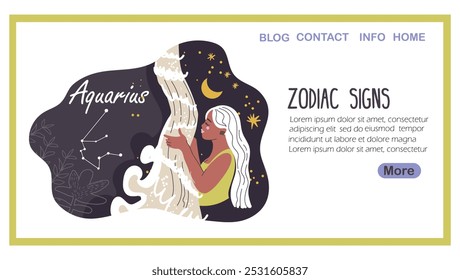 Página de aterrissagem com signo do zodíaco de Aquário, horóscopo feminino de avatar. Personagem mulher moderna, personalidade astrológica elegante. Moça da moda com chifres, cordeiro, cabra. Ilustração vetorial gráfica plana.