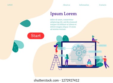 Landing page. Artificial intelligence, digital brain and artificial thinking process concept. Gear inside human brain head. People working together with cyber mind