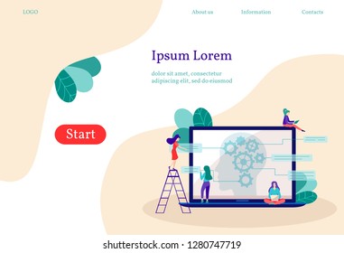 Landing page. Artificial intelligence, digital brain and artificial thinking process concept. Gear inside human brain head. People working together with cyber mind
