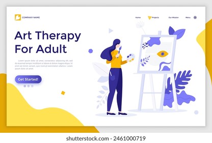 Landing page with Artist painting abstract picture at easel. Concept of modern, postmodern or contemporary art, avant-garde artistic work, modernism, creative process. Flat vector illustration