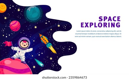 Página de inicio. Astronauta y cohete entre planetas espaciales. Plantilla de página web de inicio de negocio, página de aterrizaje de vector de empresa con astronauta infantil lindo personaje en la superficie del planeta, estrella de galaxia y nave espacial