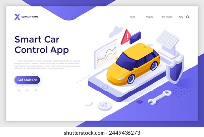 Landing page with auto on cellphone with data screen solar panel and shield. Smart car charging control concept isometric vector illustration. Automobile digital systems monitoring 3d composition