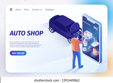 Landing Page for Auto Shop Online Mobile Application. Man Standing near Huge Smartphone and Choosing Goods for Repairing Car Serfing Internet. Isometric Sedan with Opened Hood. Vector 3d Illustration