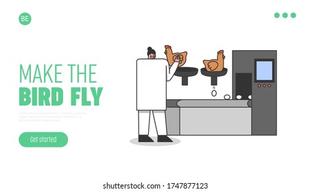 Landing page for automatic egg production on modern poultry farm. Chicken breeding industry. Slaughterhouse worker on process. Template flat vector illustration